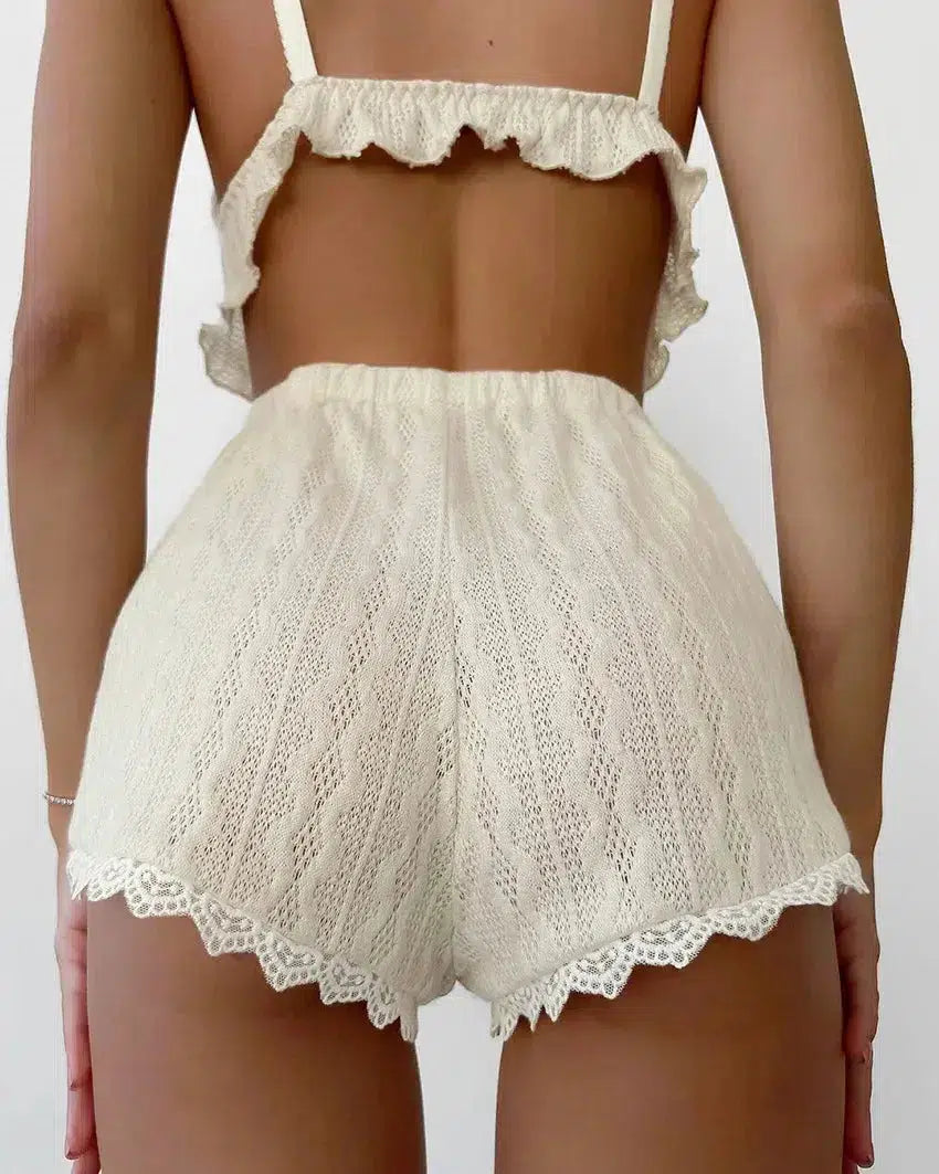 Ruffled Crop Top & Lace Trim Shorts Two Piece Coord