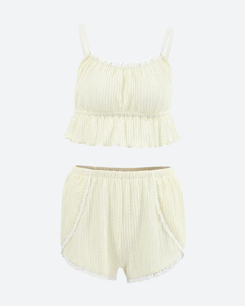 Ruffled Crop Top & Lace Trim Shorts Two Piece Coord