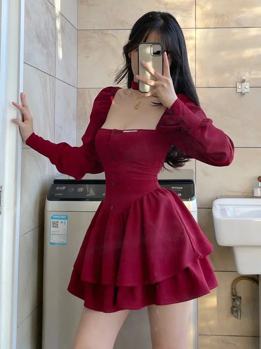 Ruffled Layered Corset Mini Dress Red