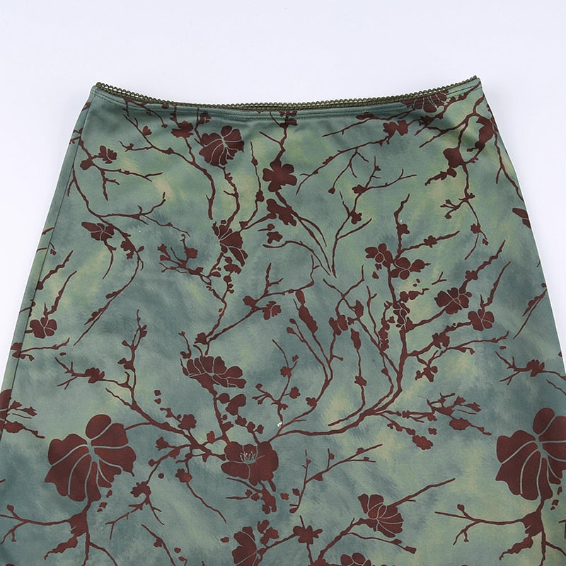 Fairy Grunge Green Floral Midi Skirt