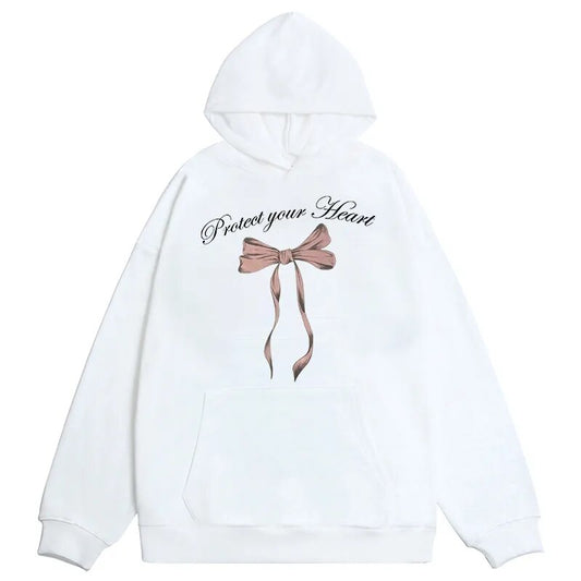 Kawaii Coquette Protect Your Heart Pink Bow Aesthetic Hoodie White