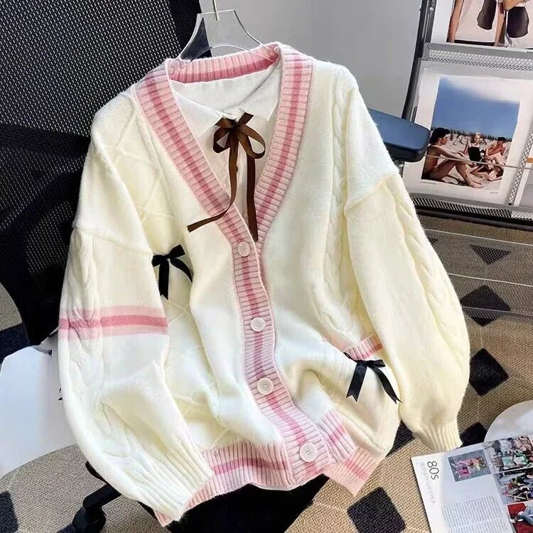 Womens Coquette Aesthetic Oversized Pink Cardigan White