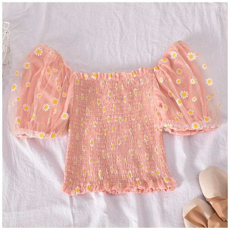 Soft Girl Ruffled Floral Top Daisies