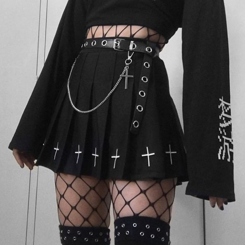 Gothic Cross Pleated Mini Skirt Black