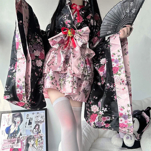 Traditional Japanese Pink & Black Kimono Dress Pink