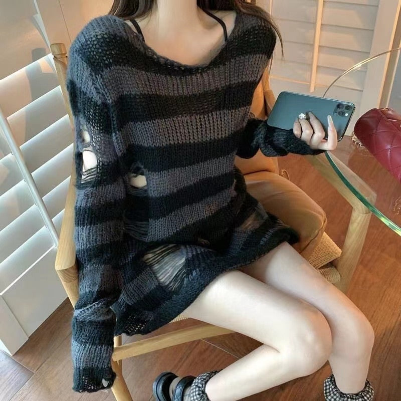 Grunge Punk Gothic Long Striped Sweater Dark Gray