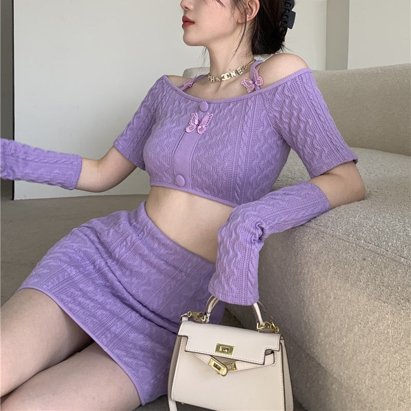 Soft Girl Knitted Matching Set Purple