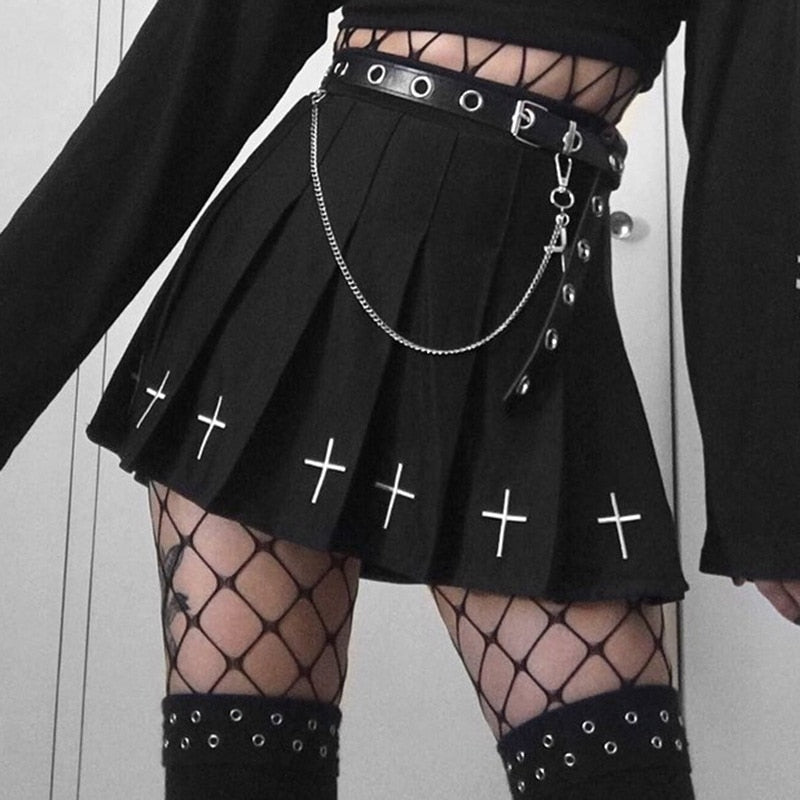 Gothic Cross Pleated Mini Skirt Black