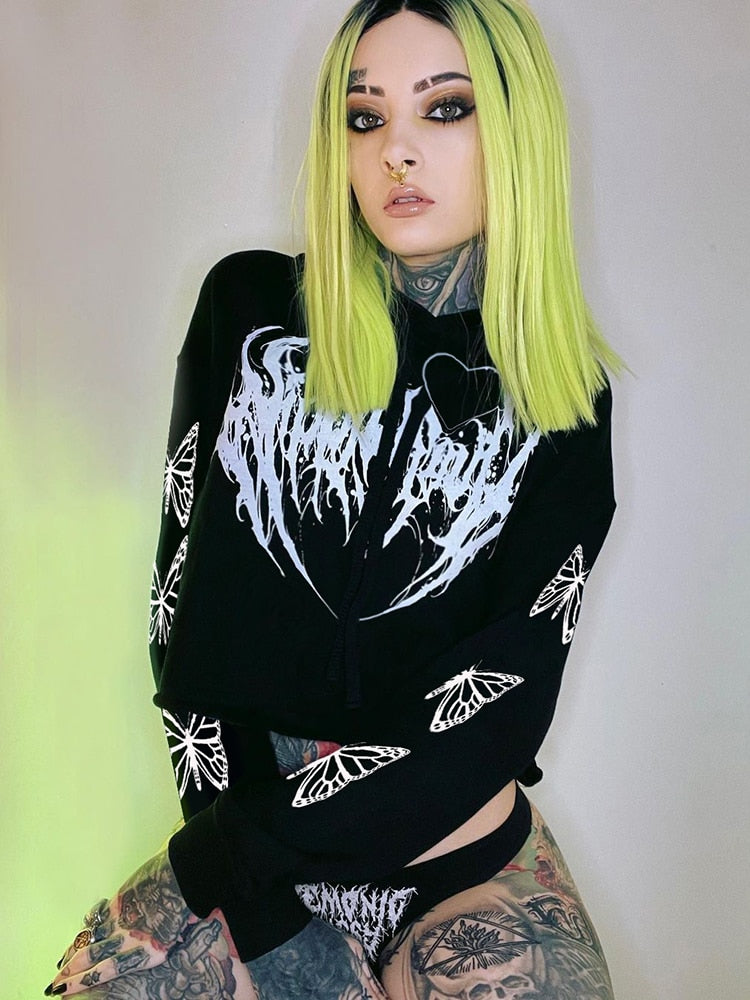 E-Girl Hardcore Print Gothic Crop Hoodie