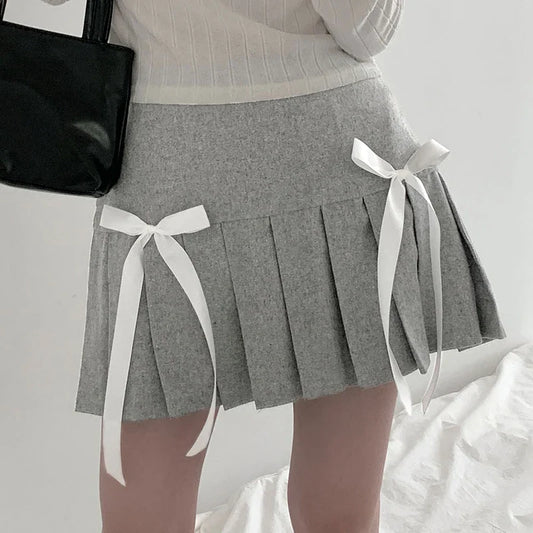 Coquette Aesthetic Outfits Double Bow Gray Pleated Mini Skirt Gray