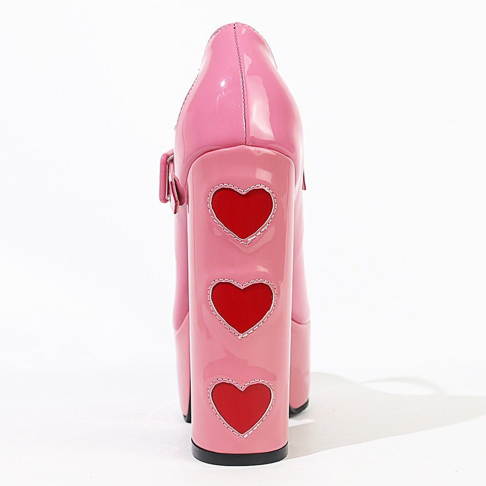 Lovecore Hearts Mary Janes High Heels Pink