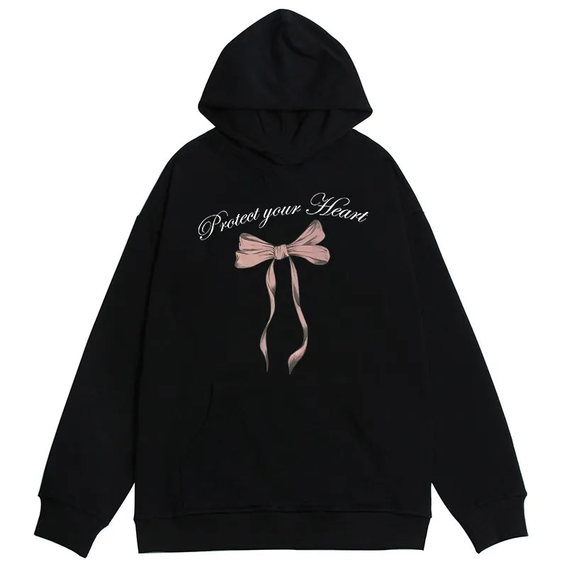 Kawaii Coquette Protect Your Heart Pink Bow Aesthetic Hoodie Black