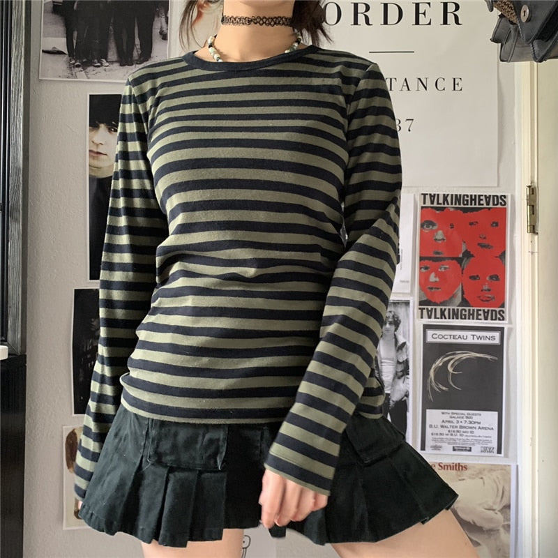 Grunge Aesthetic Striped Long Sleeve T-Shirt Green