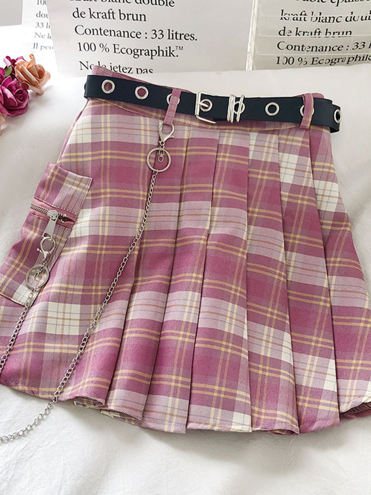 Pink Plaid Pleated Skirt with Belt Pink