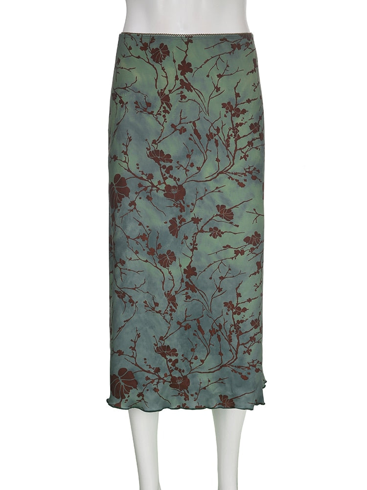 Fairy Grunge Green Floral Midi Skirt