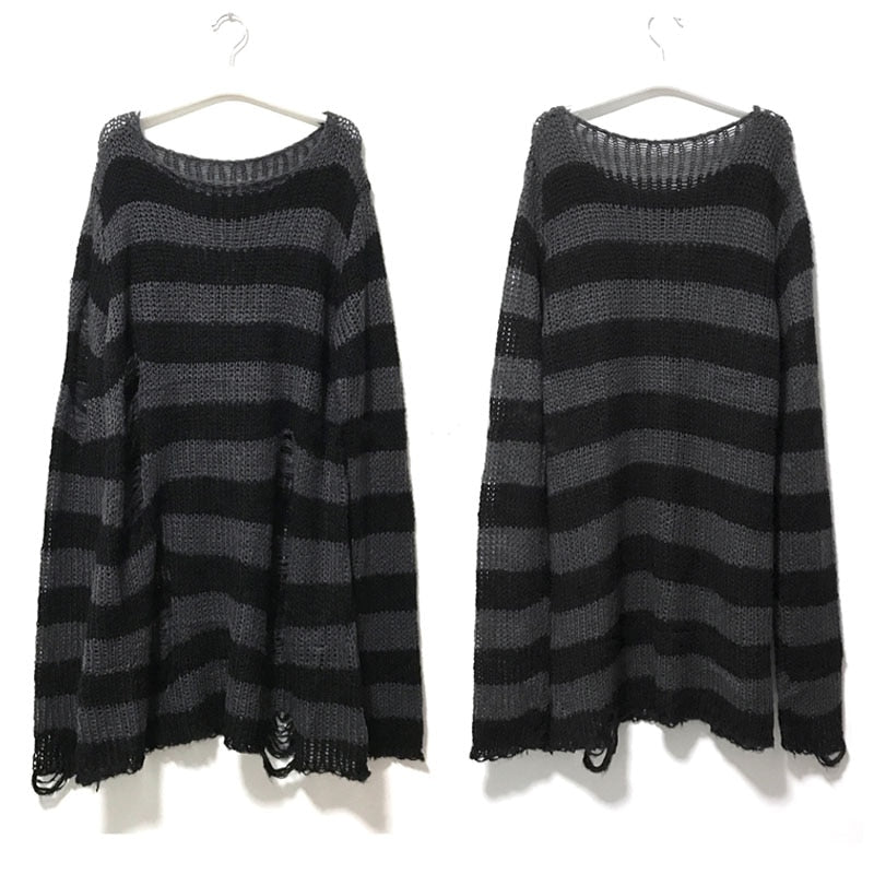 Grunge Punk Gothic Long Striped Sweater Dark Gray