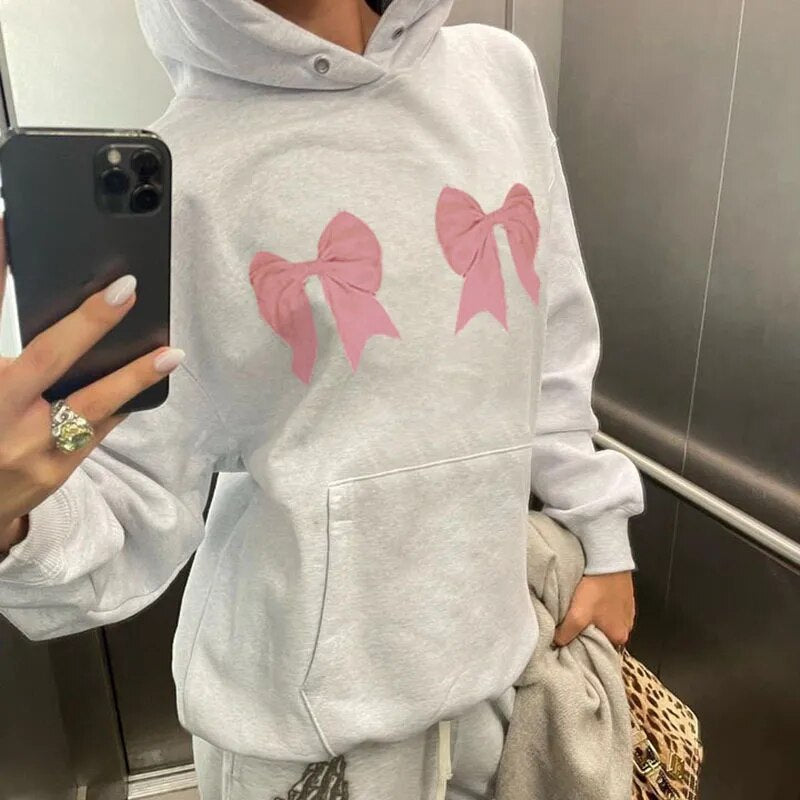 Harajuku Coquette Aesthetic Bow Oversized Hoodie Gray