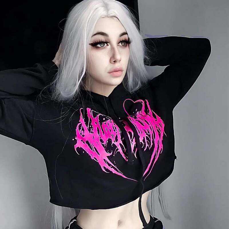 E-Girl Hardcore Print Gothic Crop Hoodie