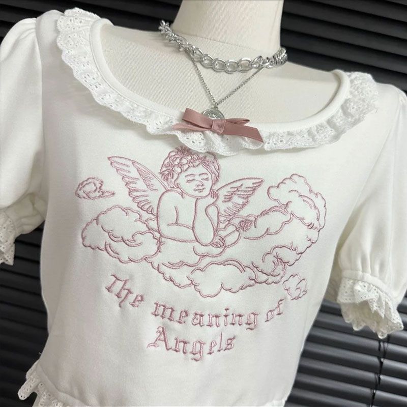 Angel lace sweet embroidered T-shirt