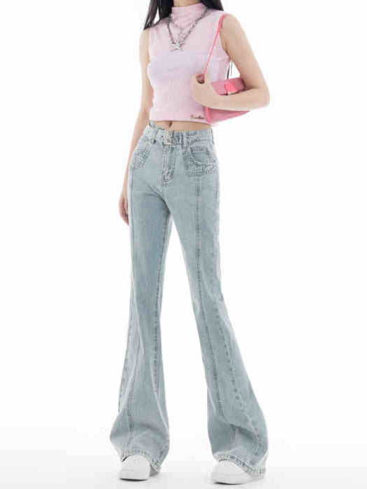 Coquette Light Blue Retro Belt Flare Jeans