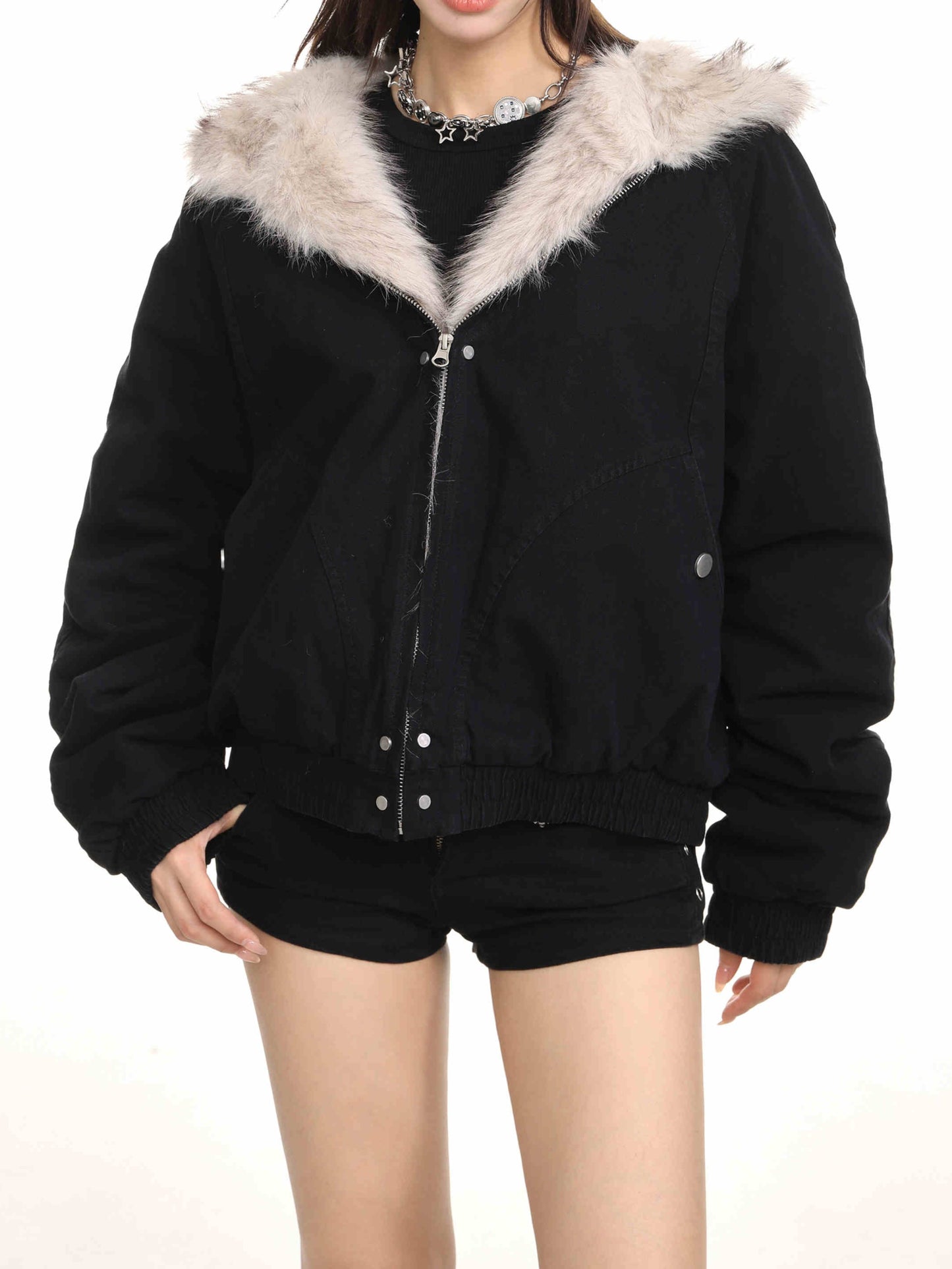 Retro Furry Fur Collar Hooded Jacket