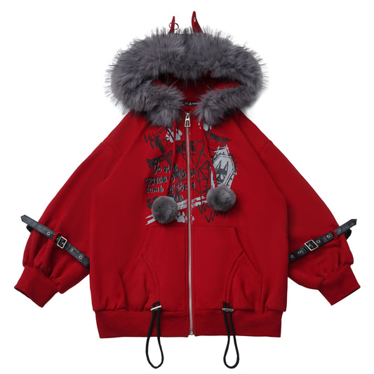 red fur hooded jacket