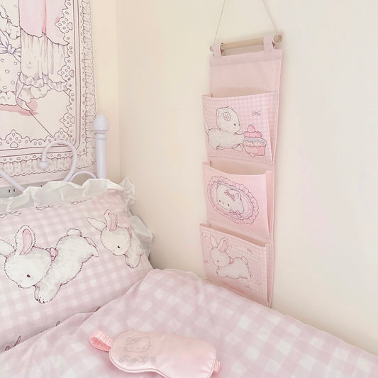 kawaii wall-mounted storage bag Pink three-pocket hanging storage bag 57cm*20cm (comes with free punching and sticky hooks)