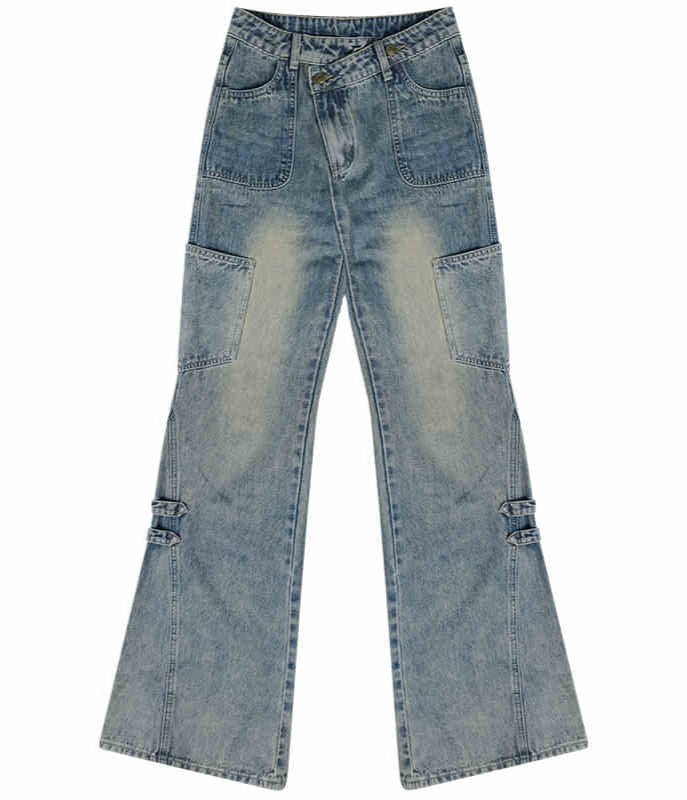 Retro Structure Wide-leg Washed Blue Jeans