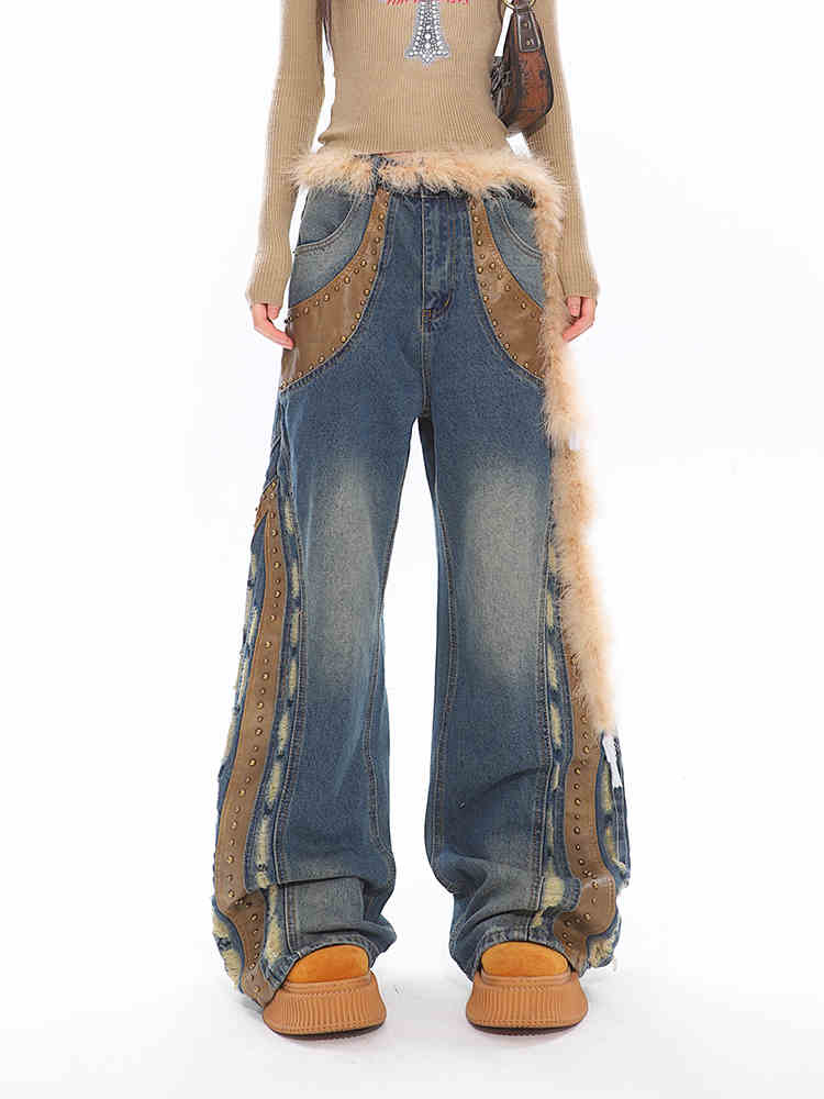 Patchwork Leather Bell Bottom Jeans