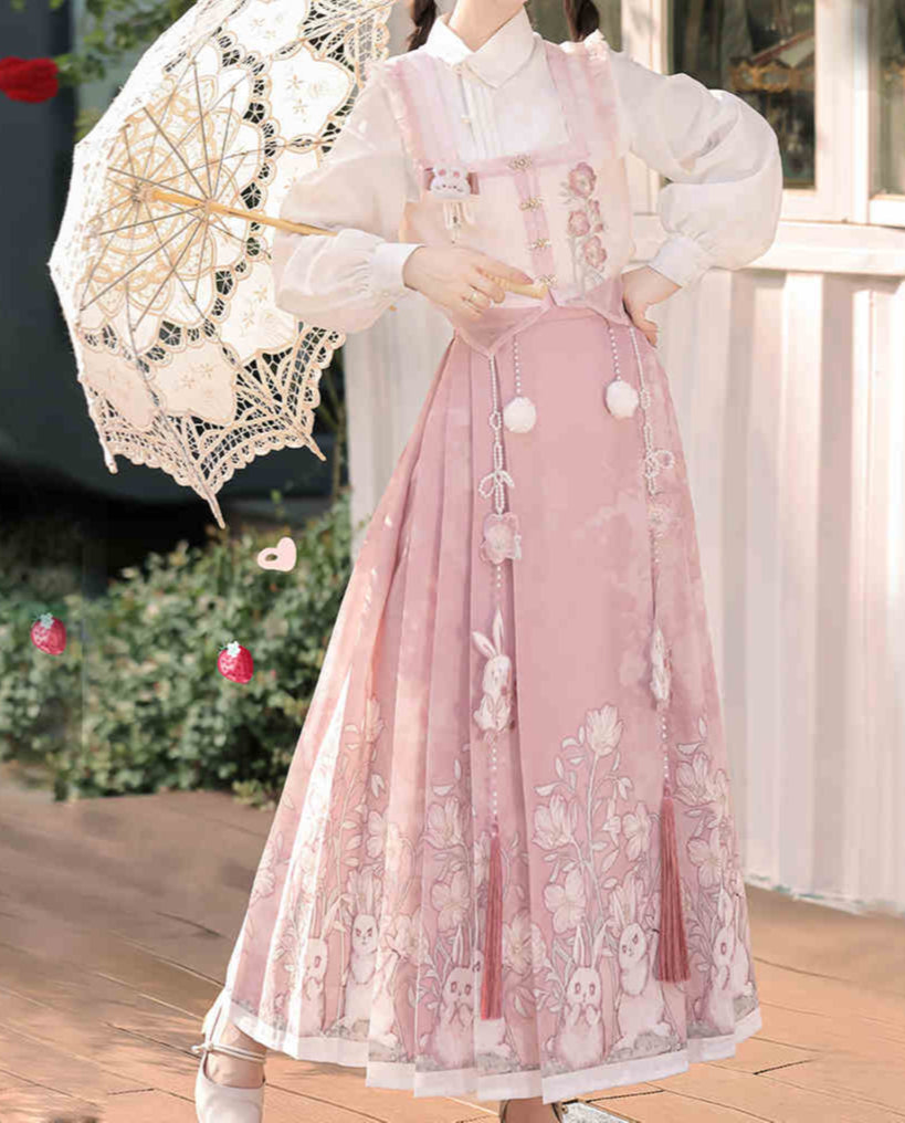 Hanfu Aesthetic Pink Rabblit Shirt + Skirt Suit