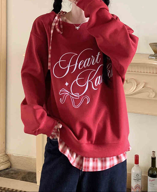 Preppy Red Plaid Hem Sweatshirt