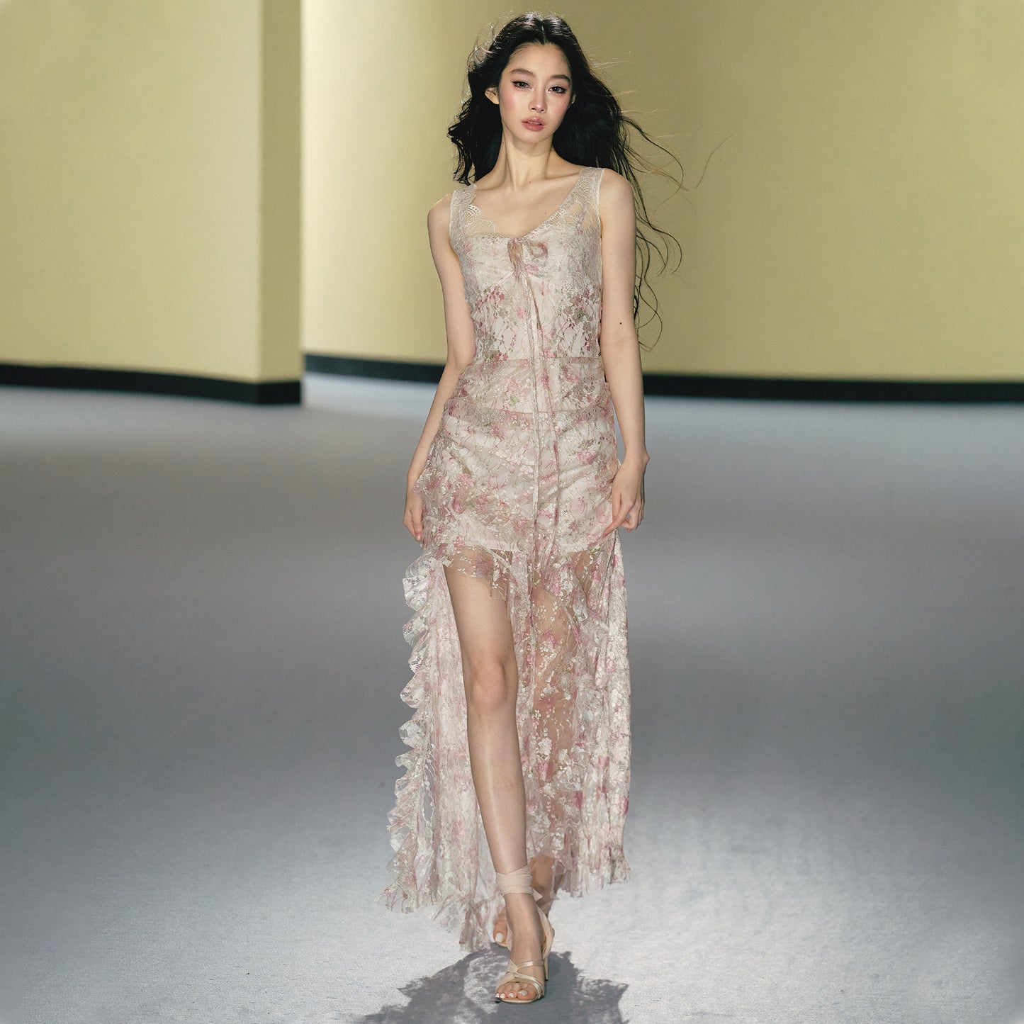 Misty pink lace patchwork fitted cami maxi dress