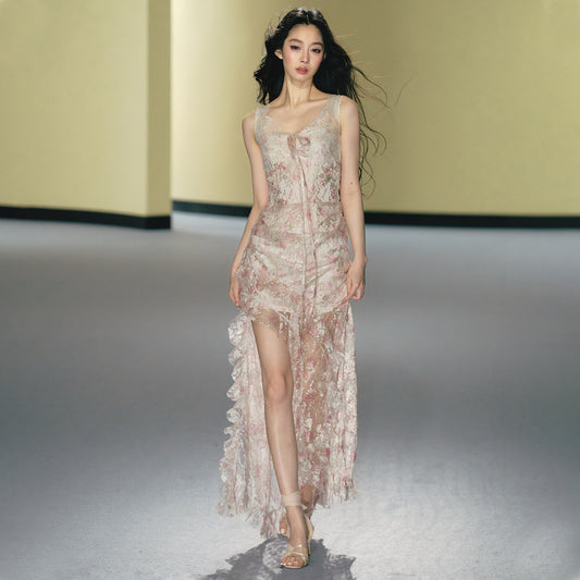 Misty pink lace patchwork fitted cami maxi dress