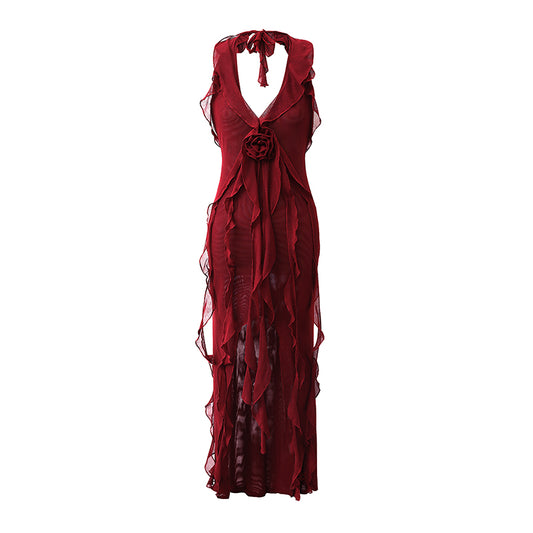 Burgundy Halter-neck V-neck Dress