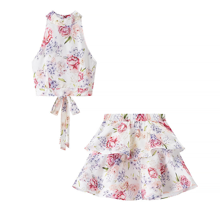 French Halter Print Top + Tiered Mini Skirt 2-Piece Set