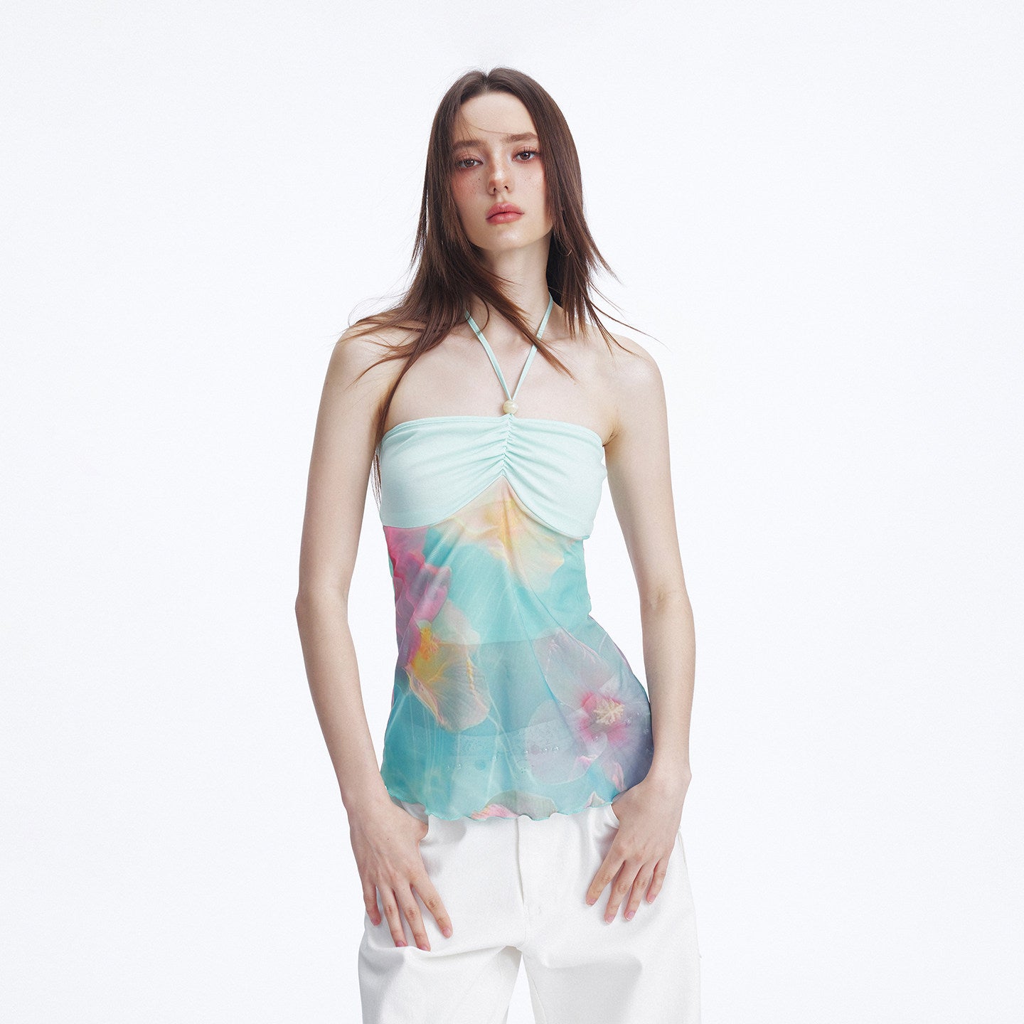Beaded Shirring Bustier Printed Halter Top