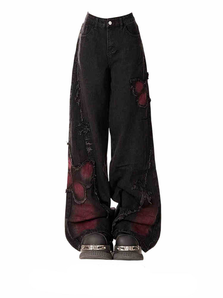 Goth Butterfly Embroidered Wide Leg Jeans