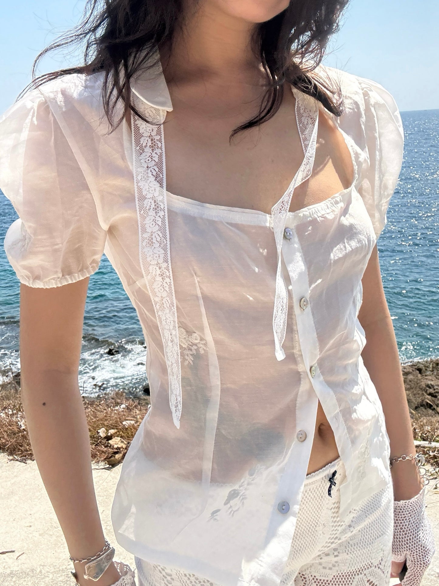 Bubblegum French Playful Sheer Light-Flare Short Sleeve Blouse
