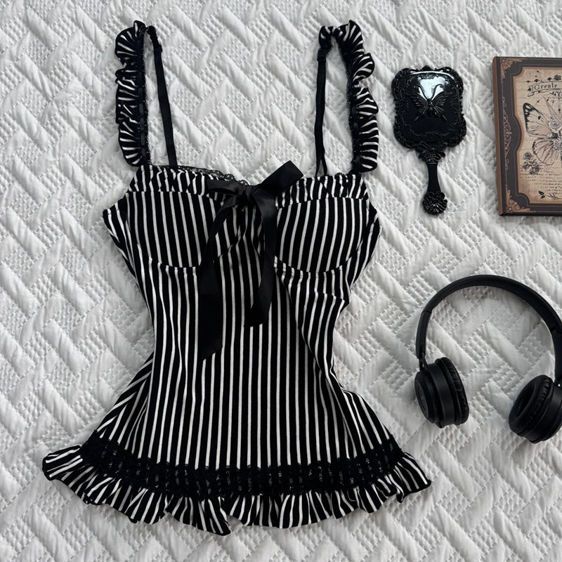 dark coquette Bow lace striped tank top