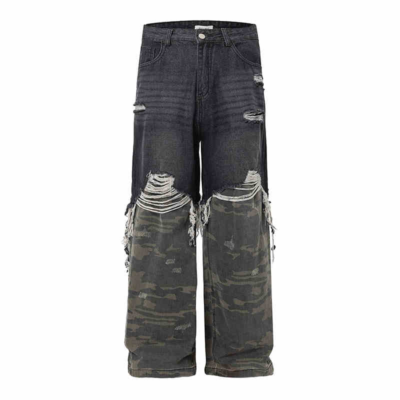 Grunge Camouflage Splicing Tassel Ripped Jeans