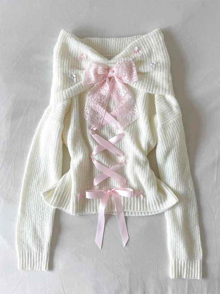 coquette strapped bow one-shoulder sweater