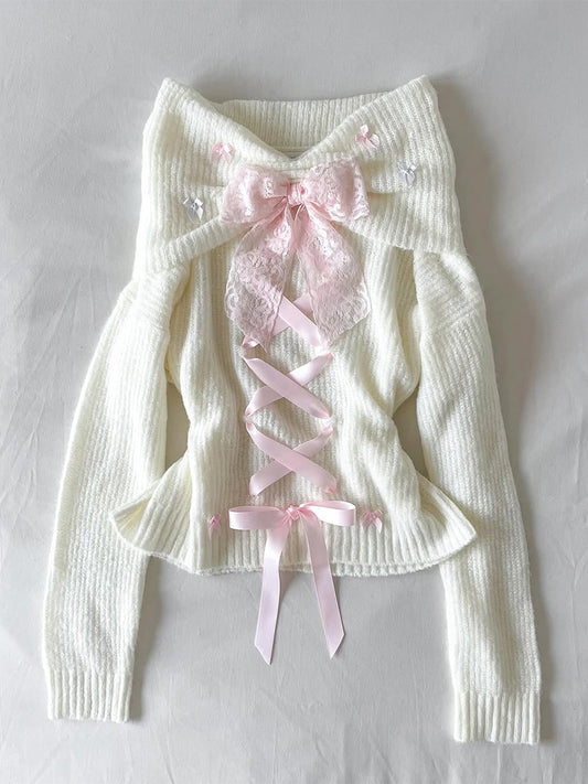 coquette strapped bow one-shoulder sweater