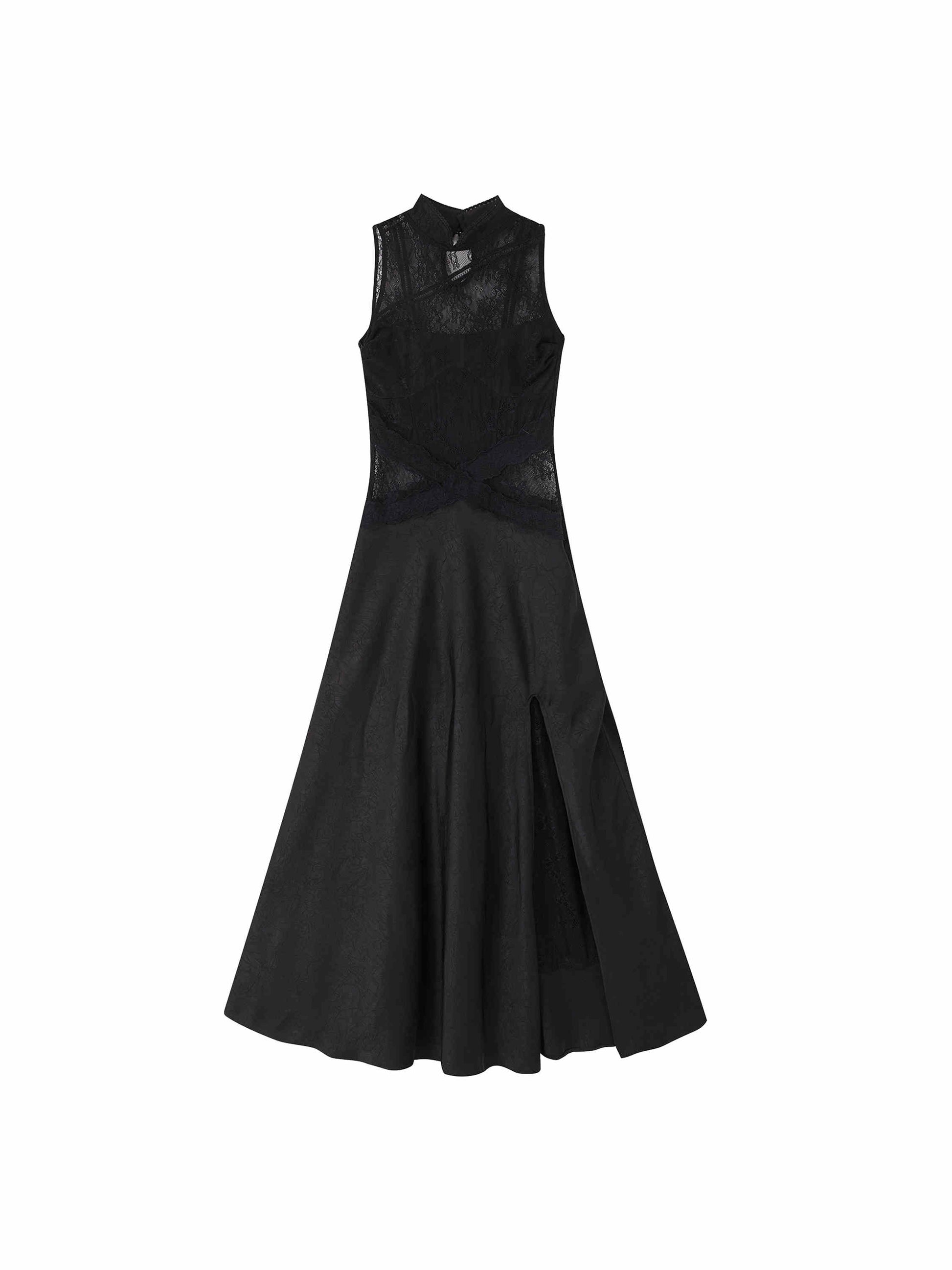 Lace Spliced Satin Parade Slit Acubi Dress