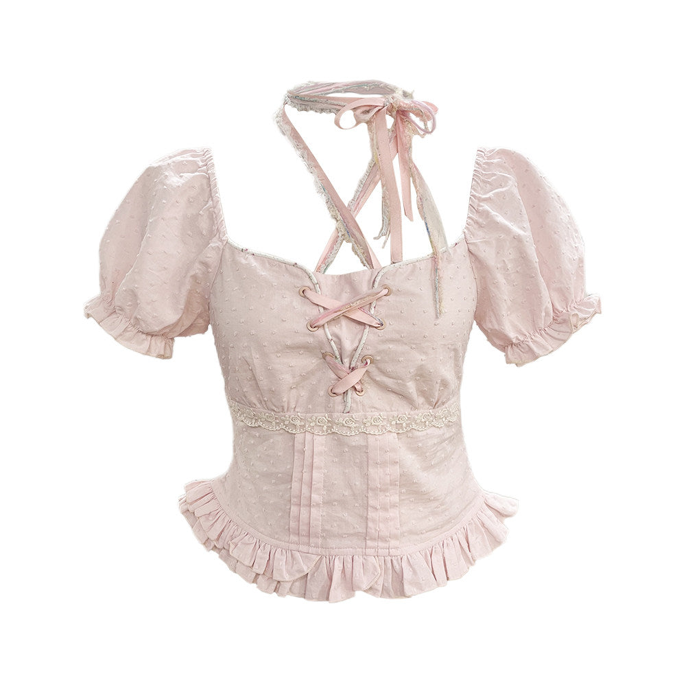 pink floral puff-sleeved shirt suit