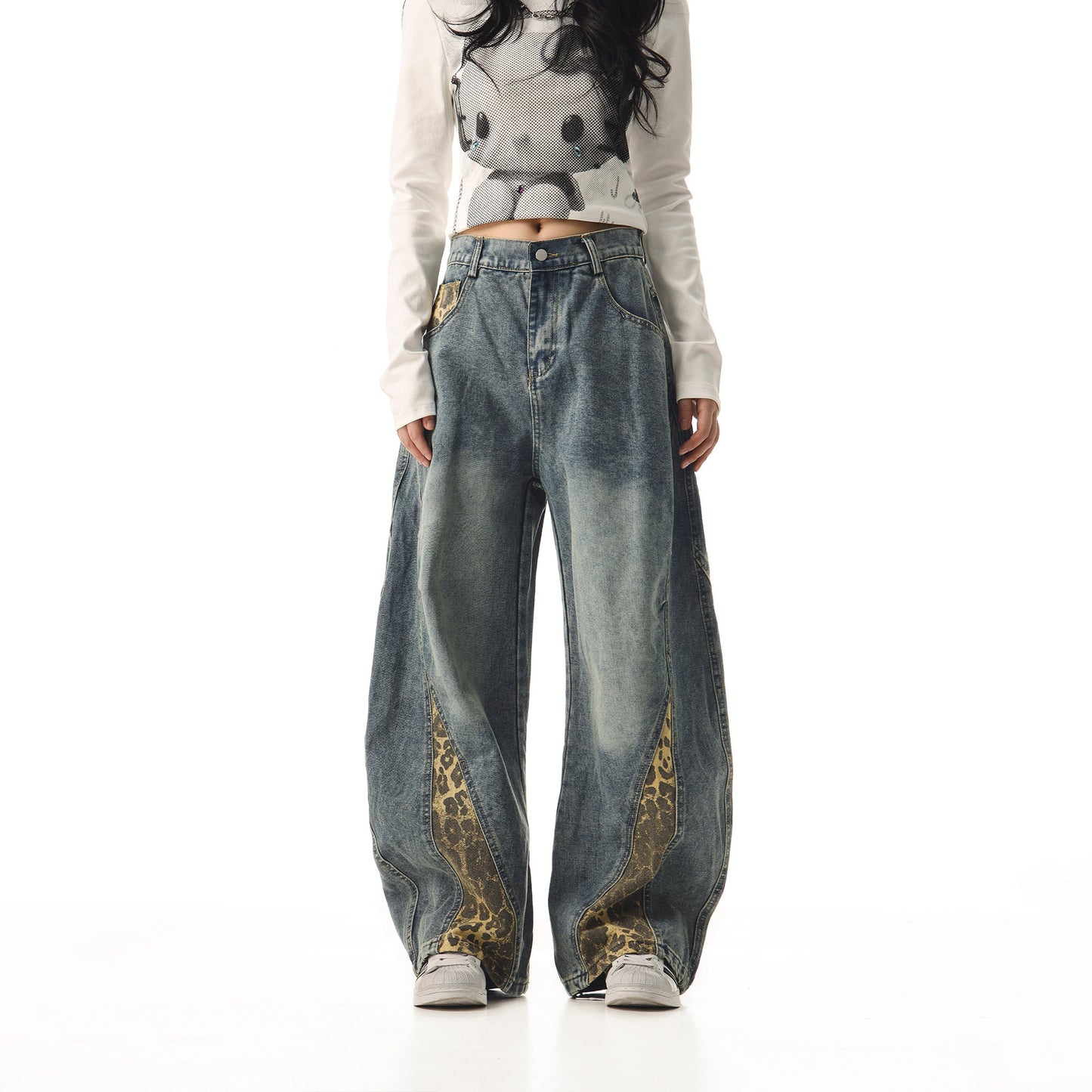 retro leopard print scimitar jeans