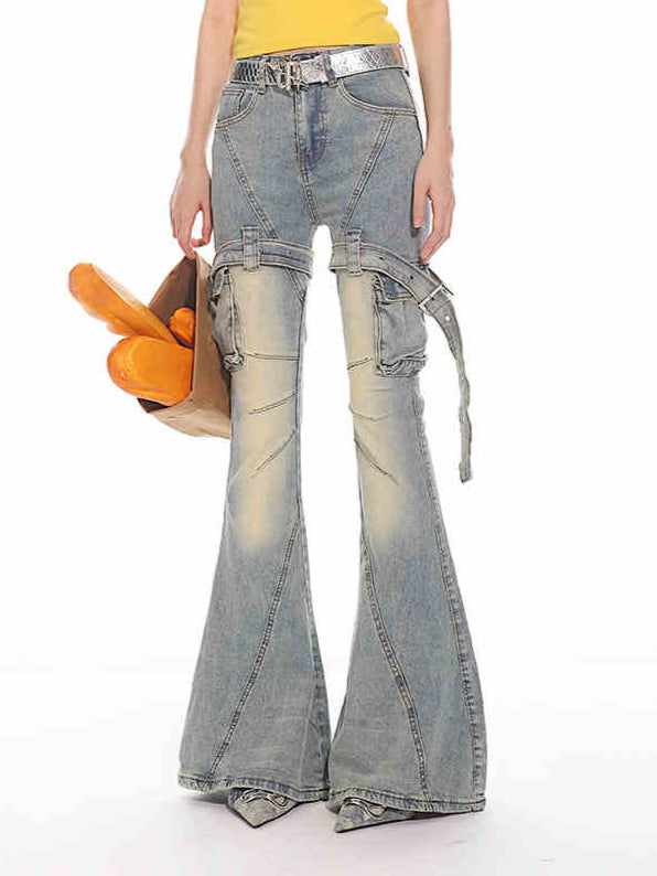 Y2K Distressed Belt Buckle Flared Jeans