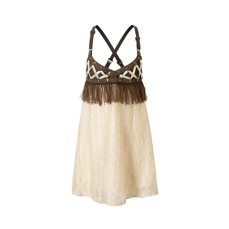 Vintage punk patchwork leather strap tie-up dress
