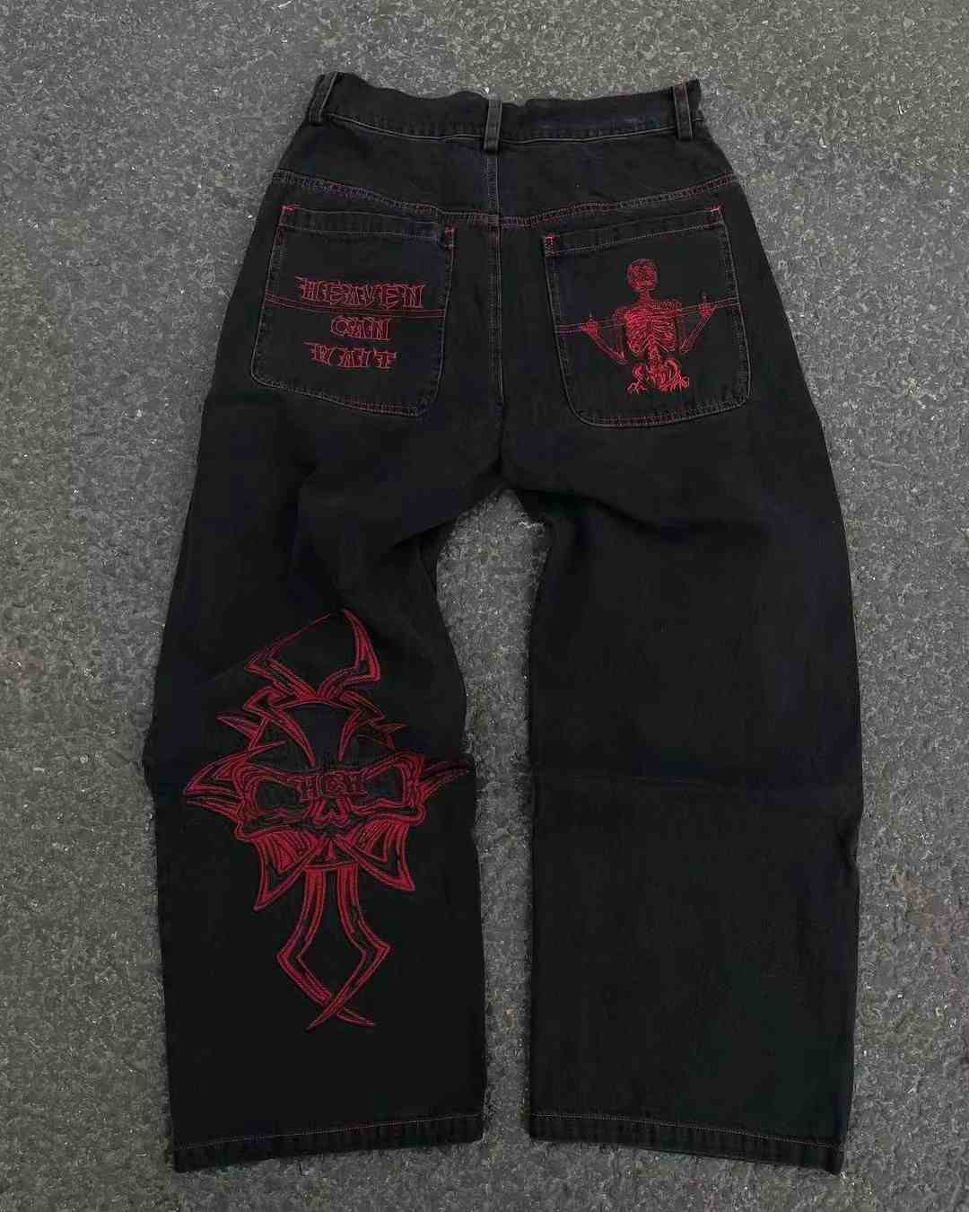 Grunge Embroidered Skull Straight Jeans