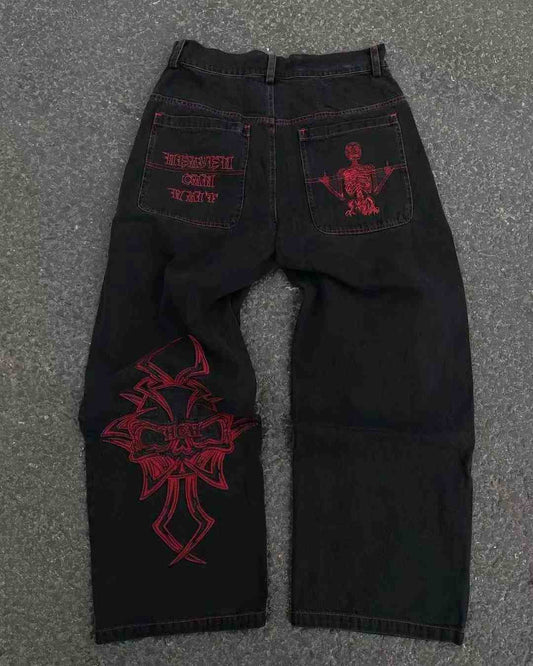 Grunge Embroidered Skull Straight Jeans