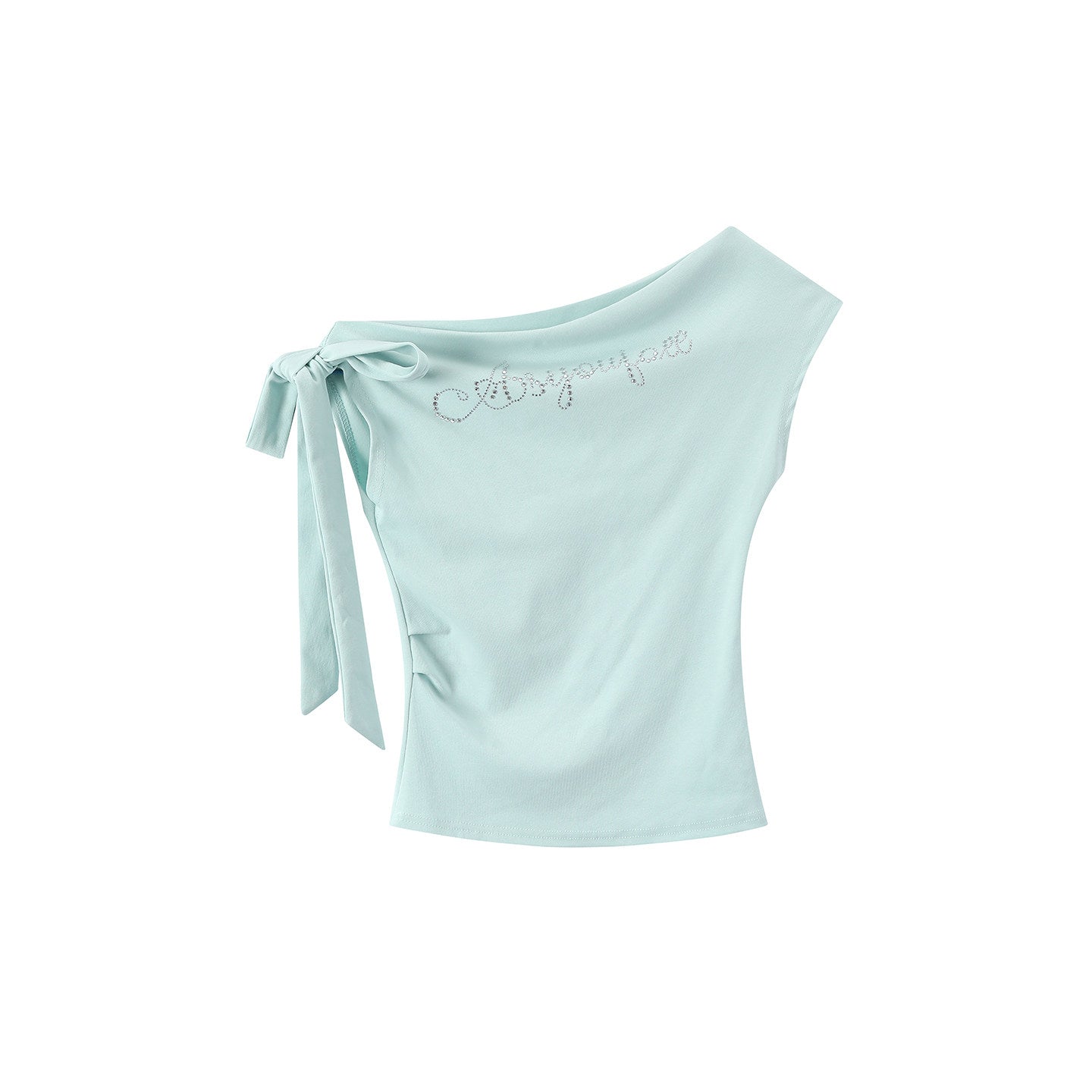 Tie-strap one-shoulder T-shirt with rhinestones